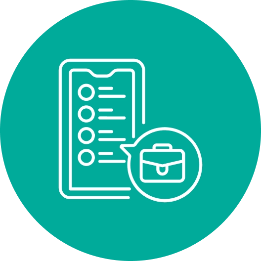 Icon of a smartphone screen with a list and a speech bubble containing a briefcase, on a teal circular background.