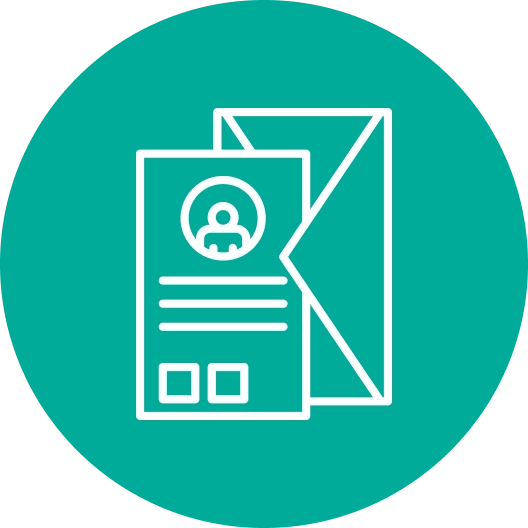 Icon of a person on a document with a folded letter in the background, set against a teal circular background.