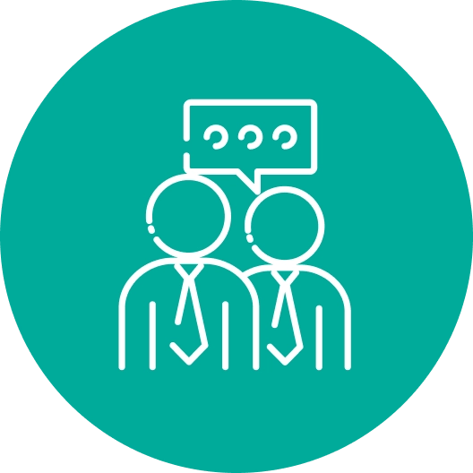 Icon of two figures in ties with a speech bubble, indicating communication or discussion, on a teal circle background.