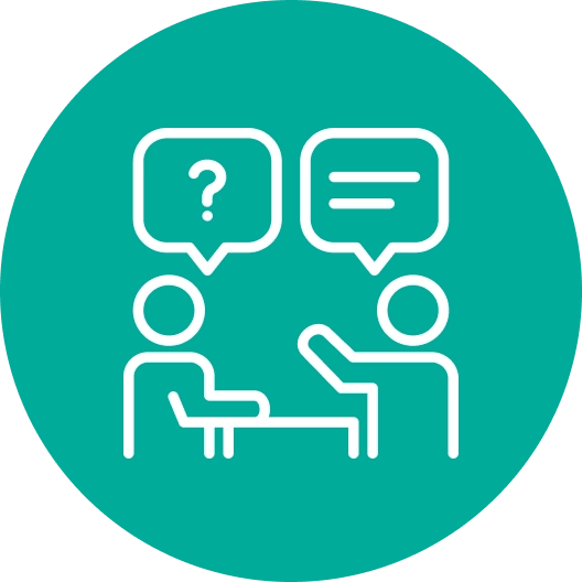 Icon depicting two people sitting at a table with speech bubbles, one showing a question mark and the other lines, indicating communication or discussion.