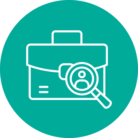 Icon of a briefcase with a magnifying glass overlay, featuring a person symbol inside, on a teal circular background.
