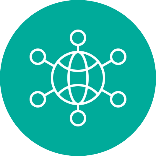 A teal circle with a white network icon depicting a globe with eight connected nodes.