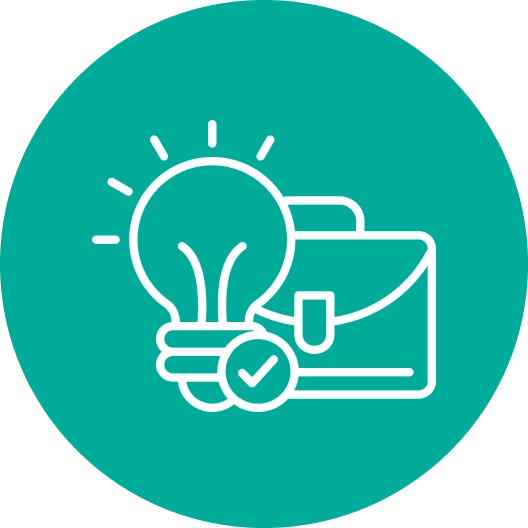 Icon of a light bulb with rays, a briefcase, and a check mark inside a turquoise circle.