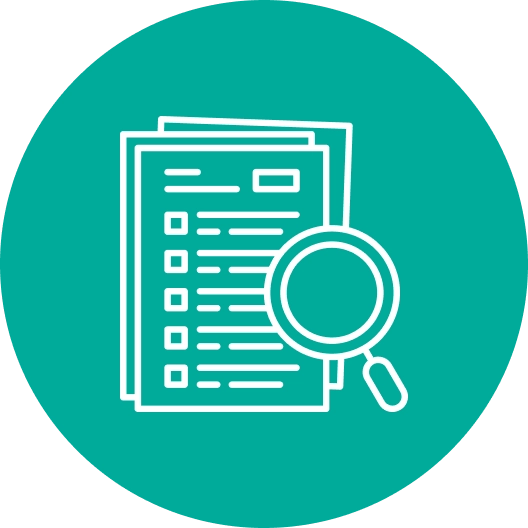 Icon of papers with a checklist and magnifying glass, set against a teal background.