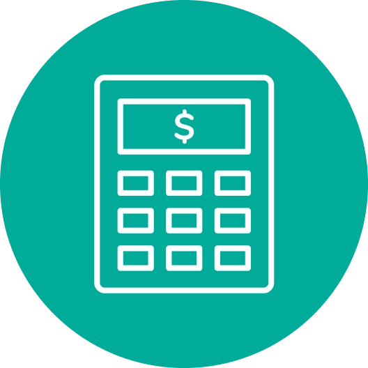 Icon of a calculator with a dollar sign on its display, set against a teal circular background.