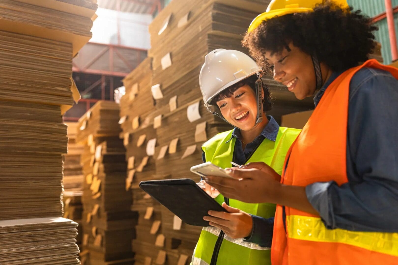 Two women in hard hats and vests looking at a tablet.