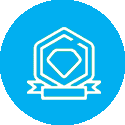 A blue and white icon of a diamond with ribbon.