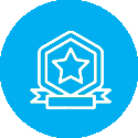 A blue and white icon of a star with a ribbon.