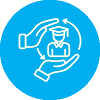 A blue circle with two hands around a person