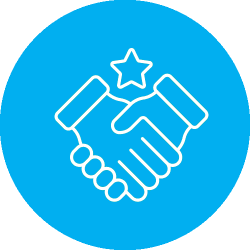 A blue circle with two hands shaking