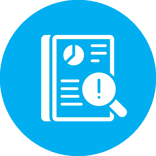 A blue circle with an image of a magnifying glass and a book.