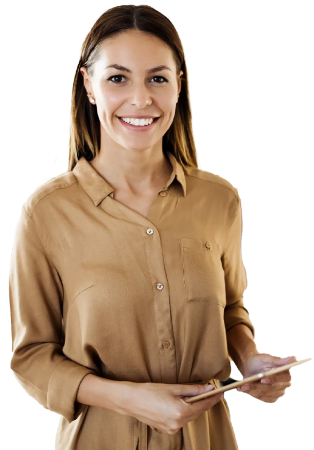 A woman in brown shirt holding a cell phone.