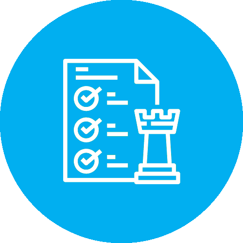 A blue circle with a chess piece and checkmark on it.