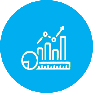 A blue circle with a graph and pie chart on it