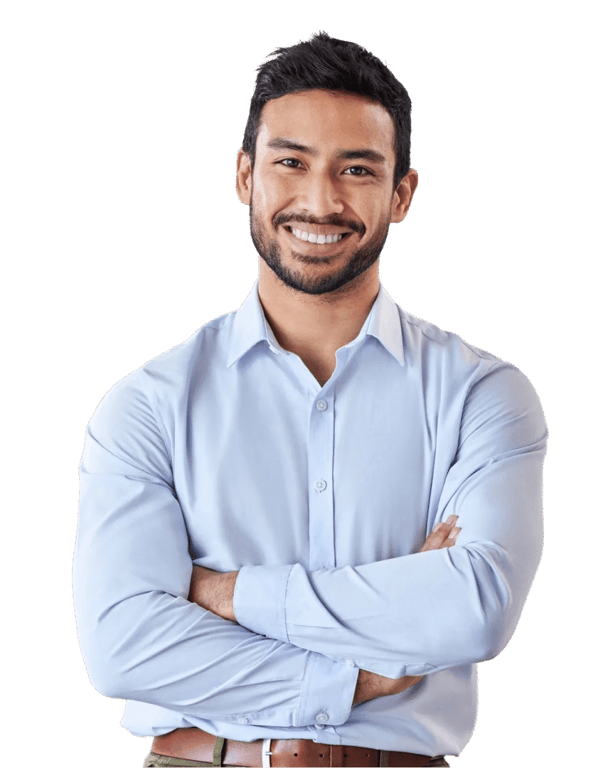 A man with his arms crossed wearing a blue shirt.
